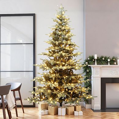 LuxenHome 7Ft Pre-Lit Artificial Gold Mixed Artificial Christmas Tree with Glitter Decor and Stand