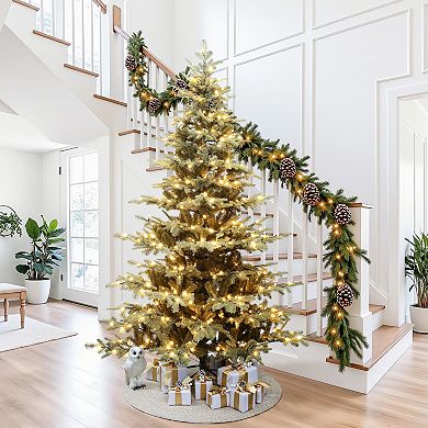 LuxenHome 7Ft Pre-Lit Artificial Gold Mixed Artificial Christmas Tree with Glitter Decor and Stand