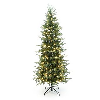LuxenHome 7.5Ft Pre-Lit Green Slender Artificial Christmas Tree with Metal Stand