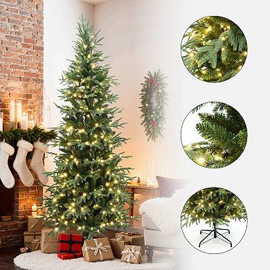LuxenHome 7.5Ft Pre-Lit Green Slender Artificial Christmas Tree with Metal Stand