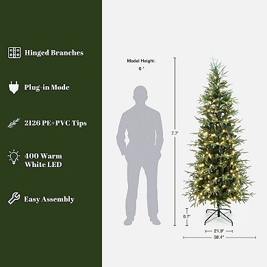 LuxenHome 7.5Ft Pre-Lit Green Slender Artificial Christmas Tree with Metal Stand