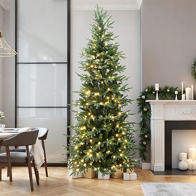 LuxenHome 7.5Ft Pre-Lit Green Slender Artificial Christmas Tree with Metal Stand