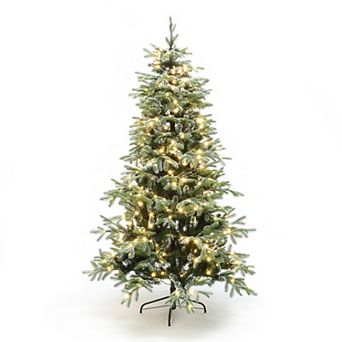 LuxenHome 6.5Ft Pre-Lit Snowy PE & PVC Branches Artificial Fir Christmas Tree with Metal Stand
