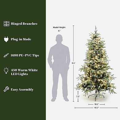 LuxenHome 6.5Ft Pre-Lit Snowy PE & PVC Branches Artificial Fir Christmas Tree with Metal Stand