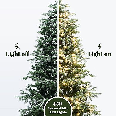 LuxenHome 6.5Ft Pre-Lit Snowy PE & PVC Branches Artificial Fir Christmas Tree with Metal Stand