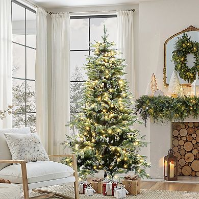 LuxenHome 6.5Ft Pre-Lit Snowy PE & PVC Branches Artificial Fir Christmas Tree with Metal Stand