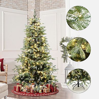 LuxenHome 6.5Ft Pre-Lit Snowy PE & PVC Branches Artificial Fir Christmas Tree with Metal Stand
