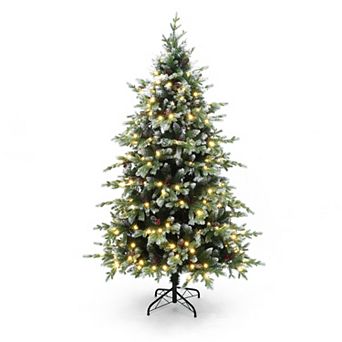 LuxenHome 6Ft Pre-Lit Green Full Artificial Christmas Tree with Red Berries and Metal Stand