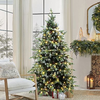 LuxenHome 6Ft Pre-Lit Green Full Artificial Christmas Tree with Red Berries and Metal Stand