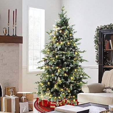 LuxenHome 6Ft Pre-Lit Green Full Artificial Christmas Tree with Red Berries and Metal Stand