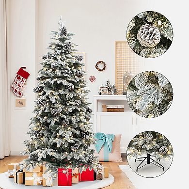 LuxenHome 6Ft Pre-Lit Flocked Artificial Pine Christmas Tree with Pinecones and Metal Stand