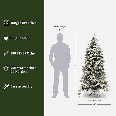 LuxenHome 6Ft Pre-Lit Flocked Artificial Pine Christmas Tree with Pinecones and Metal Stand