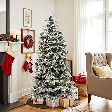 LuxenHome 6Ft Pre-Lit Flocked Artificial Pine Christmas Tree with Pinecones and Metal Stand
