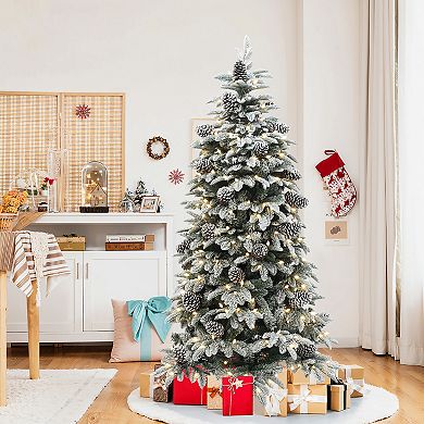 LuxenHome 6Ft Pre-Lit Flocked Artificial Pine Christmas Tree with Pinecones and Metal Stand