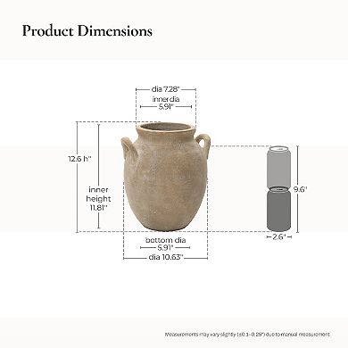 LuxenHome Rustic Antiqued Brown 12.6-Inch Tall Round Terracotta Vase with Handles