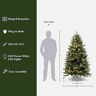 LuxenHome 6Ft Pre-Lit Christmas Tree with 340 LED Lights, Hinged Branches, Festive Holiday Tree