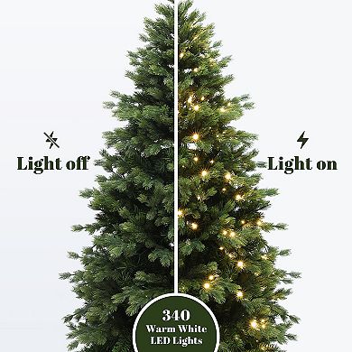 LuxenHome 6Ft Pre-Lit Christmas Tree with 340 LED Lights, Hinged Branches, Festive Holiday Tree