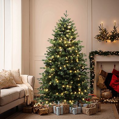 LuxenHome 6Ft Pre-Lit Christmas Tree with 340 LED Lights, Hinged Branches, Festive Holiday Tree