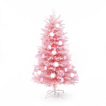 LuxenHome 5Ft Pink Cherry Blossom Christmas Tree with Fiber Optic Lights & Snowman Star Topper