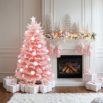 LuxenHome 5Ft Pink Cherry Blossom Christmas Tree with Fiber Optic