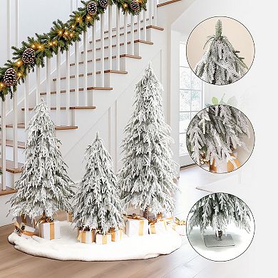 LuxenHome Set of 3 3Ft, 4Ft, and 5Ft Artifical Snow-Flocked Cedar Christmas Trees