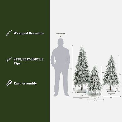 LuxenHome Set of 3 3Ft, 4Ft, and 5Ft Artifical Snow-Flocked Cedar Christmas Trees