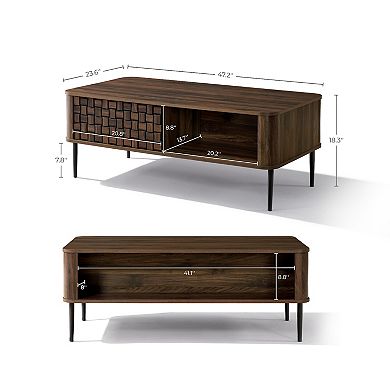 LuxenHome Dark Oak with Basket Weave Design Manufactured Wood 1-Sliding Door Coffee Table
