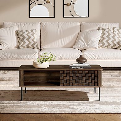 LuxenHome Dark Oak with Basket Weave Design Manufactured Wood 1-Sliding Door Coffee Table