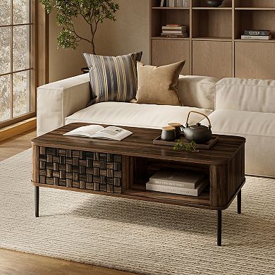 LuxenHome Dark Oak with Basket Weave Design Manufactured Wood 1-Sliding Door Coffee Table
