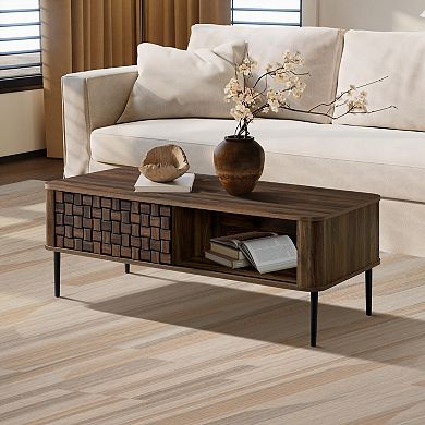 LuxenHome Dark Oak with Basket Weave Design Manufactured Wood 1-Sliding Door Coffee Table