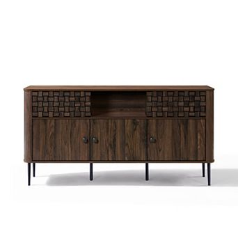 LuxenHome Dark Oak Manufactured Wood with Basket Weave 3-Door and 2-Sliding Door Sideboard Cabinet