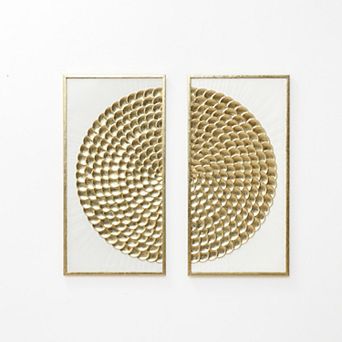 LuxenHome 2 pc White & Distressed Gold Metal Wall Art Set, Modern Rustic Home Decor