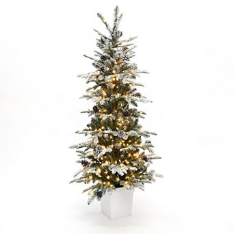 LuxenHome 5Ft Pre-Lit Snow-Covered Artificial Christmas Tree with Pinecones & White Planter Base