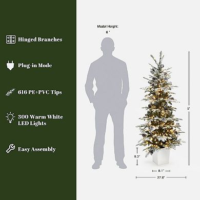 LuxenHome 5Ft Pre-Lit Snow-Covered Artificial Christmas Tree with Pinecones & White Planter Base