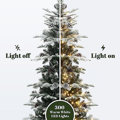 LuxenHome 5Ft Pre-Lit Snow-Covered Artificial Christmas Tree with Pinecones & White Planter Base