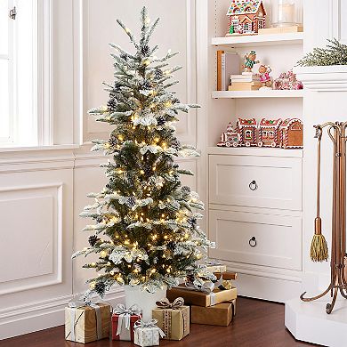 LuxenHome 5Ft Pre-Lit Snow-Covered Artificial Christmas Tree with Pinecones & White Planter Base