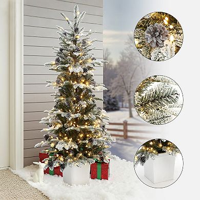 LuxenHome 5Ft Pre-Lit Snow-Covered Artificial Christmas Tree with Pinecones & White Planter Base