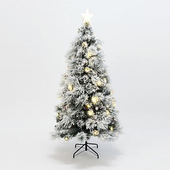LuxenHome 6Ft Pre-Lit Pine Needle Mixed Fiber Optic Artificial Christmas Tree with Star Topper