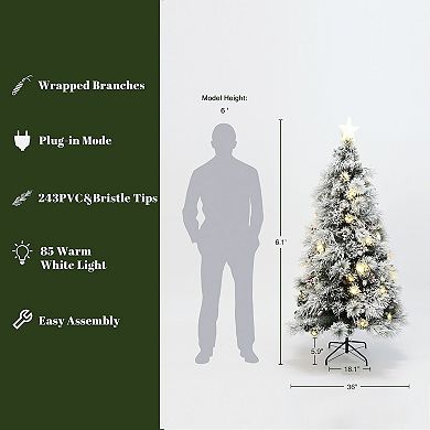 LuxenHome 6Ft Pre-Lit Pine Needle Mixed Fiber Optic Artificial Christmas Tree with Star Topper