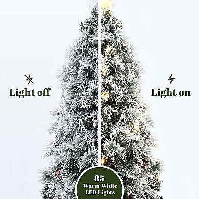 LuxenHome 6Ft Pre-Lit Pine Needle Mixed Fiber Optic Artificial Christmas Tree with Star Topper