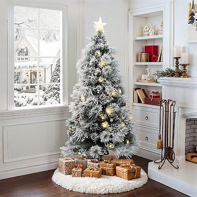 LuxenHome 6Ft Pre-Lit Pine Needle Mixed Fiber Optic Artificial Christmas Tree with Star Topper