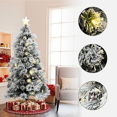 LuxenHome 6Ft Pre-Lit Pine Needle Mixed Fiber Optic Artificial Christmas Tree with Star Topper