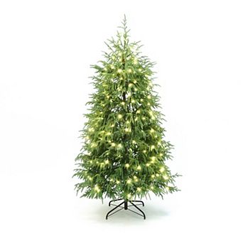 LuxenHome 6Ft Pre-Lit Green Full Artificial Cedar Christmas Tree with Metal Stand
