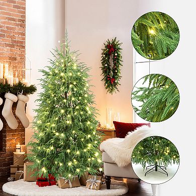 LuxenHome 6Ft Pre-Lit Green Full Artificial Cedar Christmas Tree with Metal Stand