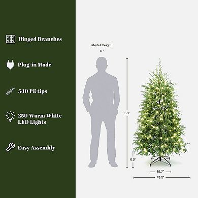 LuxenHome 6Ft Pre-Lit Green Full Artificial Cedar Christmas Tree with Metal Stand