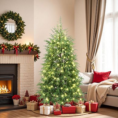 LuxenHome 6Ft Pre-Lit Green Full Artificial Cedar Christmas Tree with Metal Stand