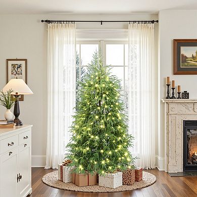 LuxenHome 6Ft Pre-Lit Green Full Artificial Cedar Christmas Tree with Metal Stand