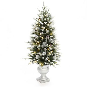 LuxenHome 4.5Ft Pre-Lit Green Artificial Christmas Tree with Light Faux Snow and White Pot