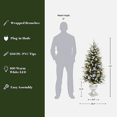 LuxenHome 4.5Ft Pre-Lit Green Artificial Christmas Tree with Light Faux Snow and White Pot