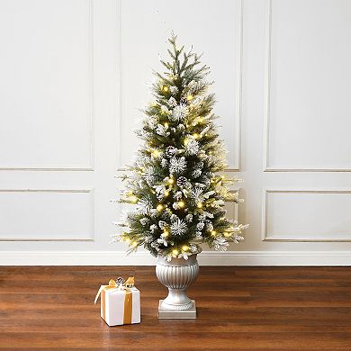 LuxenHome 4.5Ft Pre-Lit Green Artificial Christmas Tree with Light Faux Snow and White Pot